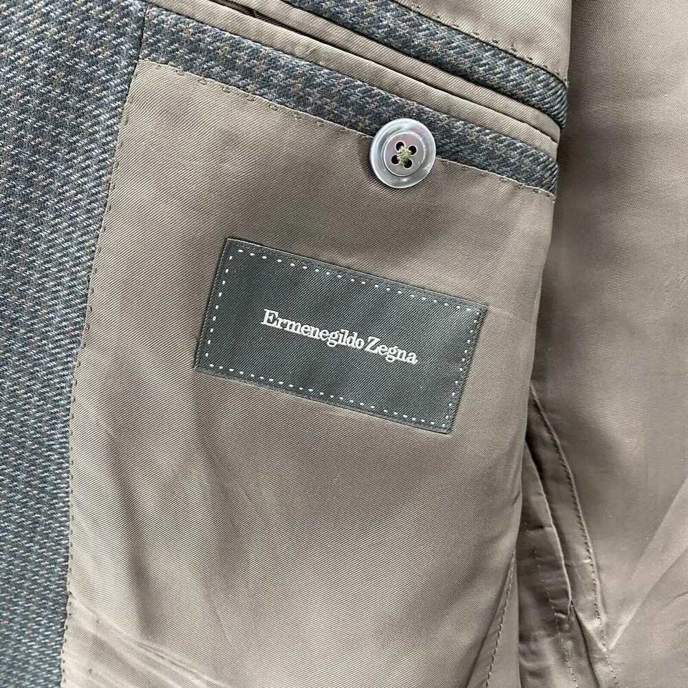 Ermenegildo Zegna Blazer Mens 52‎ R Brown Herringbone Cashmere Wool Silk Sport